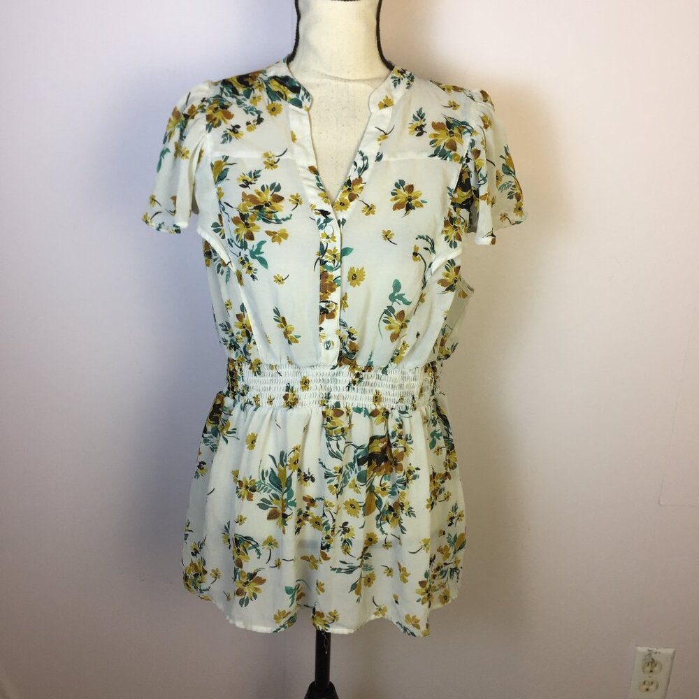 Torrid Blouse Top 1X Woman Plus White Yellow Floral Smocked Waist Flutter Sleeve